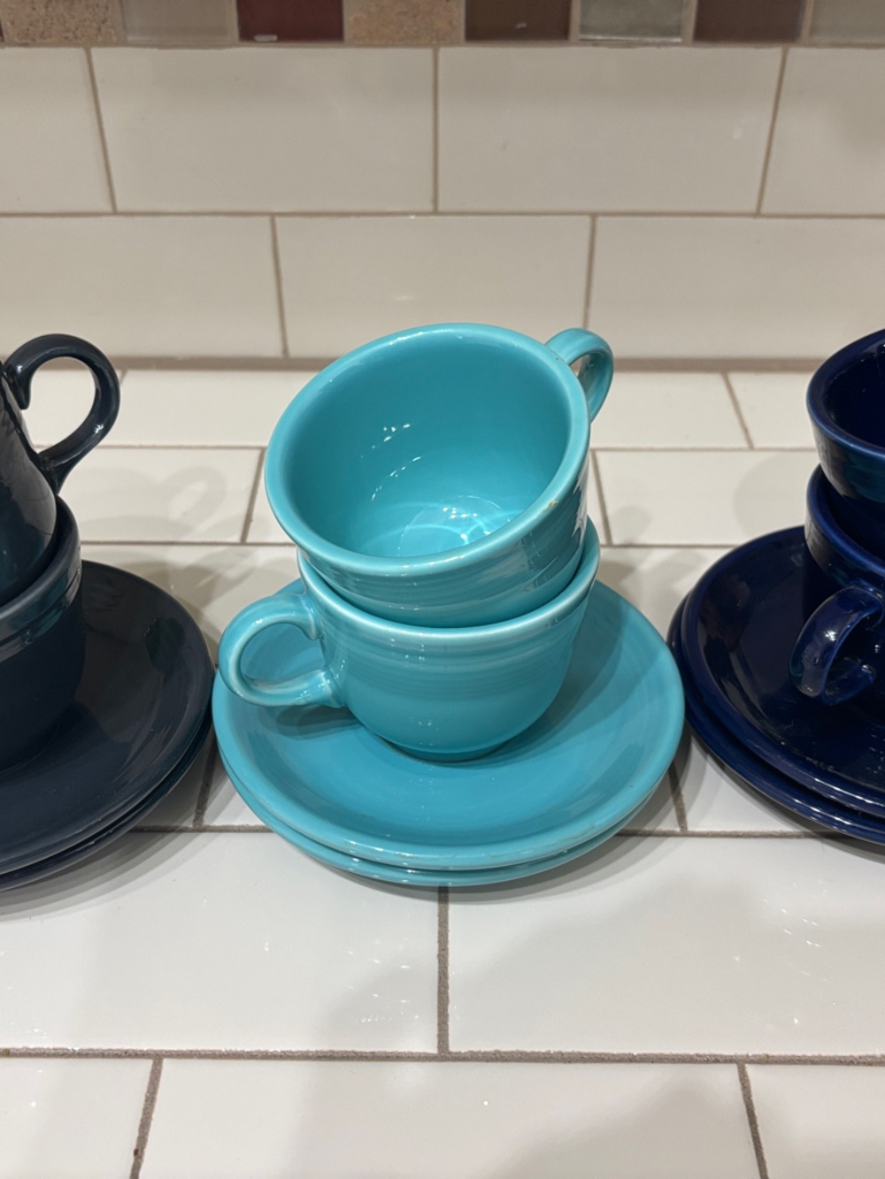 Homer Laughlin Ceramic Teacup & Saucer Set - Navy, Teal & Aqua